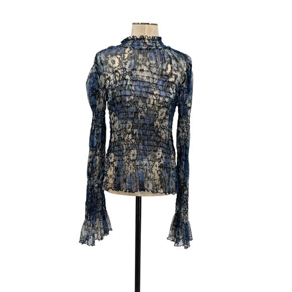 Free People Hello There Top Blouse Smocked Flare Sleeve Mesh Floral Blue Large - Picture 2 of 11